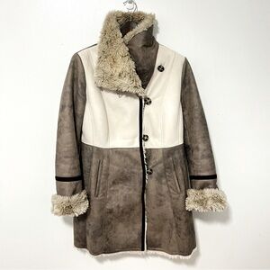 Laundry by Shelli Segal Penny Lane Coat Women L Taupe Ivory Faux Suede/Fur Y2K